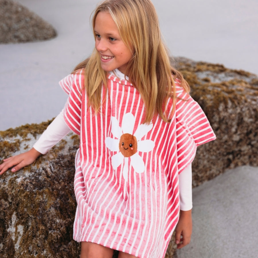 Beach Poncho - Red/White - Daisy Flower - 65 x 65 cm