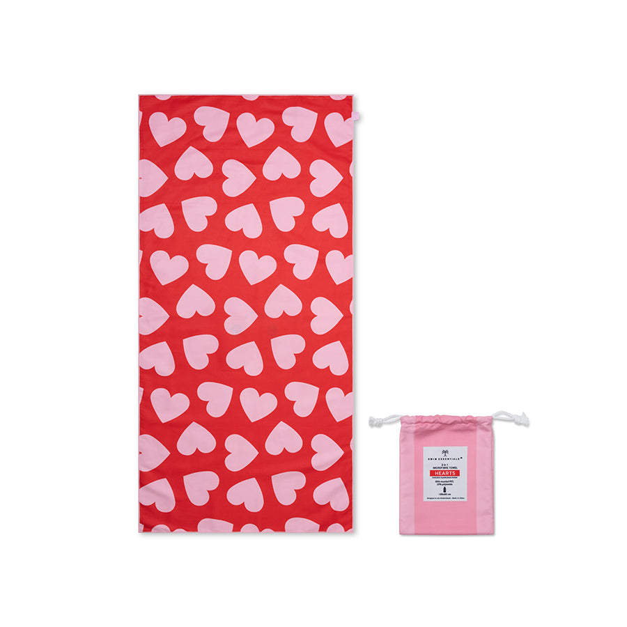 Beach Towel Microfiber - Red - Hearts - 135 x 65 cm