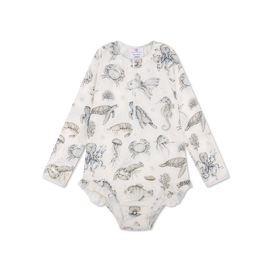 UV Swimsuit Girls With Sleeves - Green/White - Sea Life