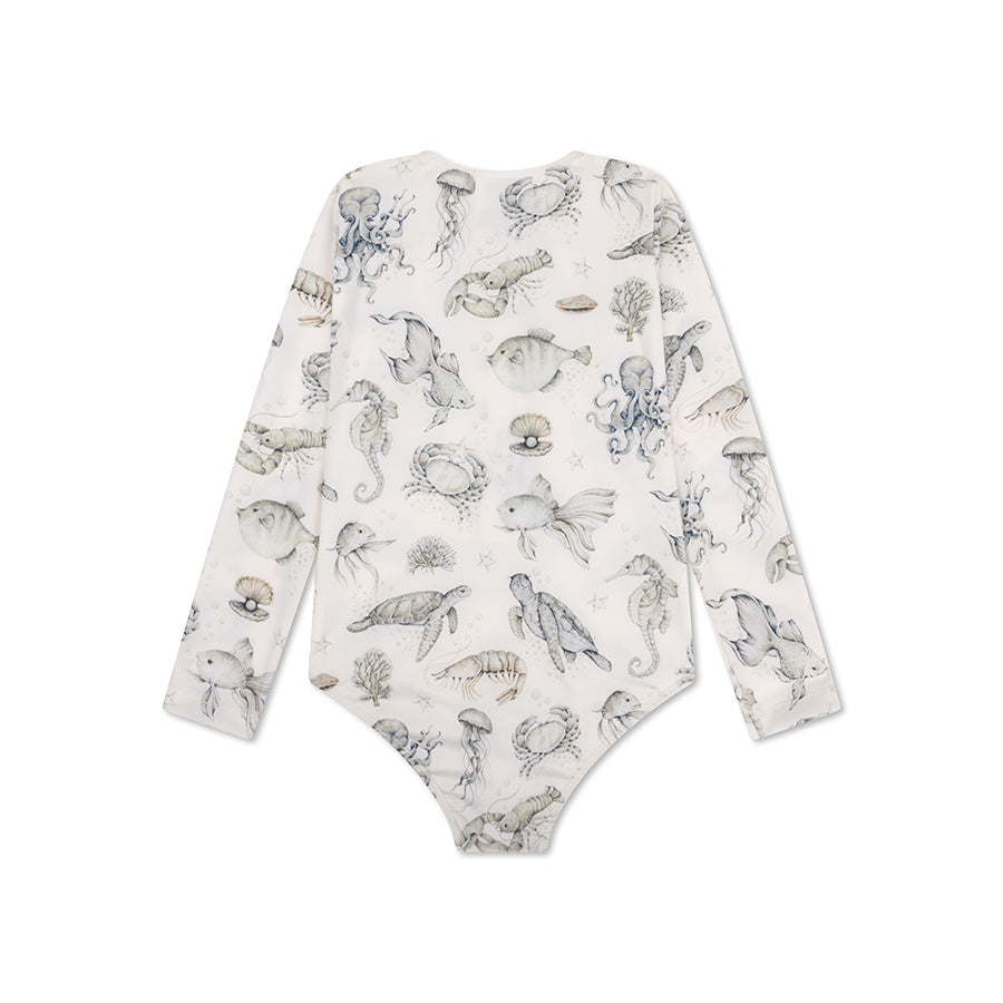 UV Swimsuit Girls With Sleeves - Green/White - Sea Life