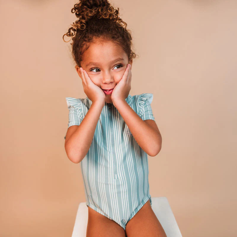 Swimsuit Girls With Short Sleeves - Green/White - Resort Stripe