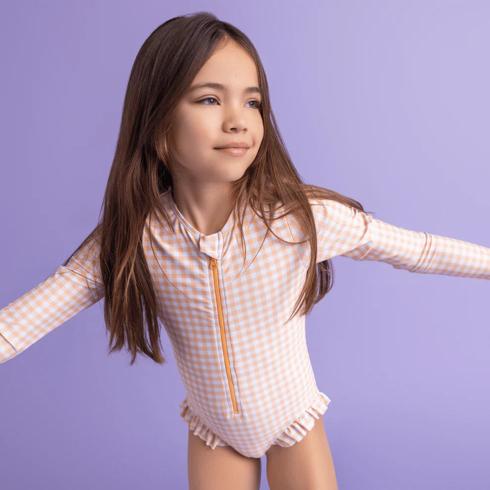 UV Swimsuit Girls With Sleeves - Orange/White - Sunset Grid