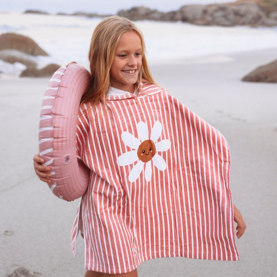 Beach Poncho - Red/White - Daisy Flower - 65 x 65 cm