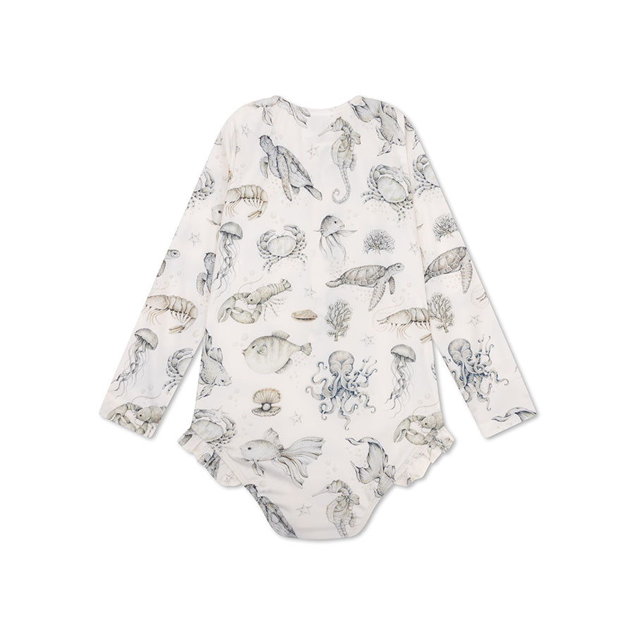 UV Swimsuit Girls With Sleeves - Green/White - Sea Life