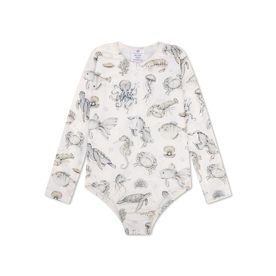 UV Swimsuit Girls With Sleeves - Green/White - Sea Life