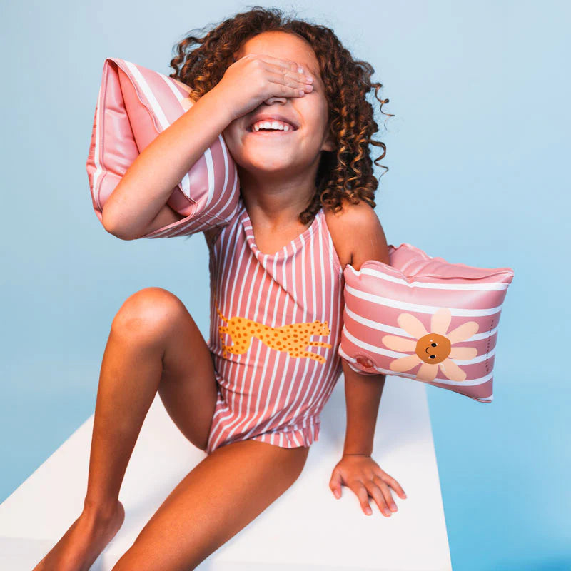 Swimsuit Girls - Red/White Striped - Daisy Flower