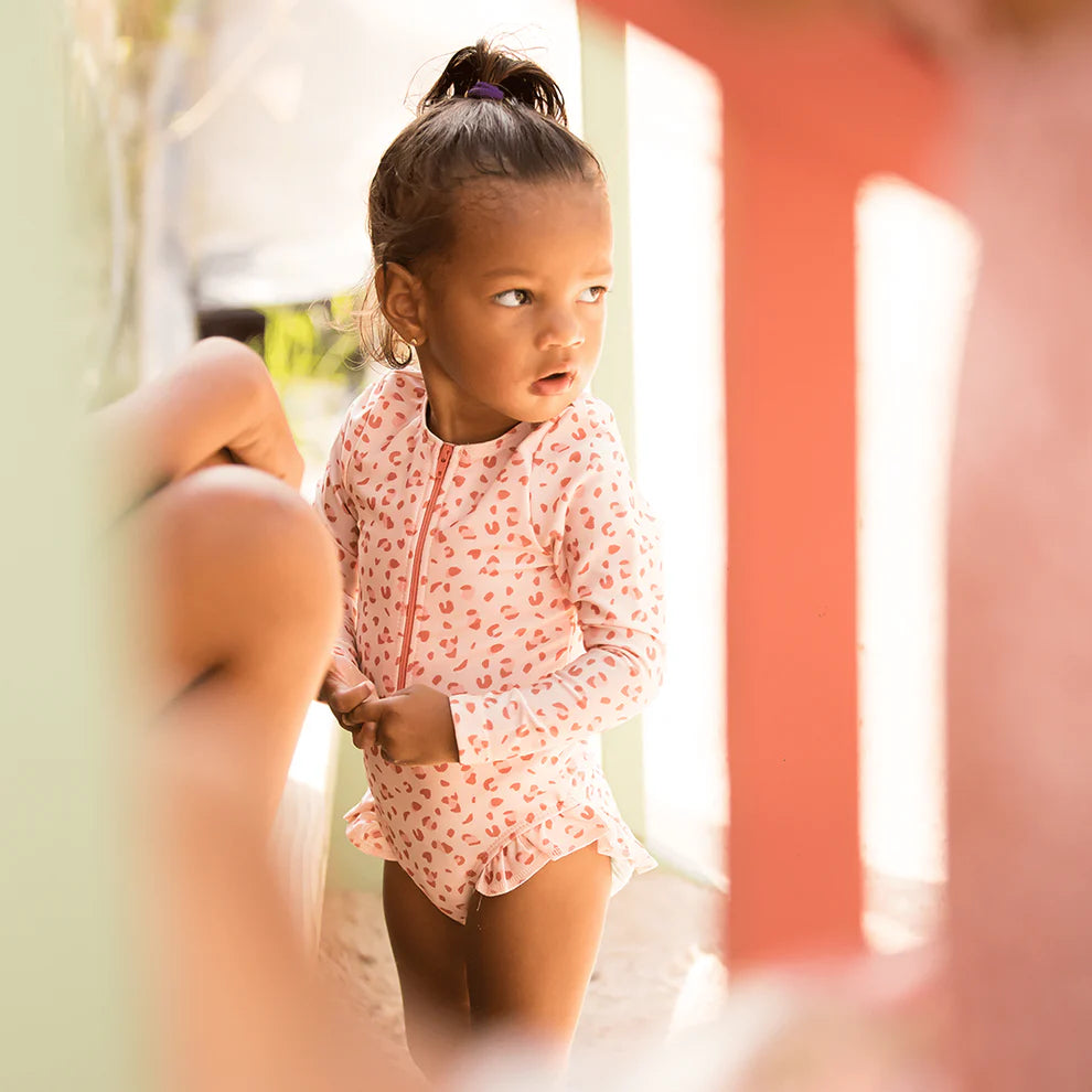 UV Swimsuit Girls With Sleeves - Old Pink - Leopard