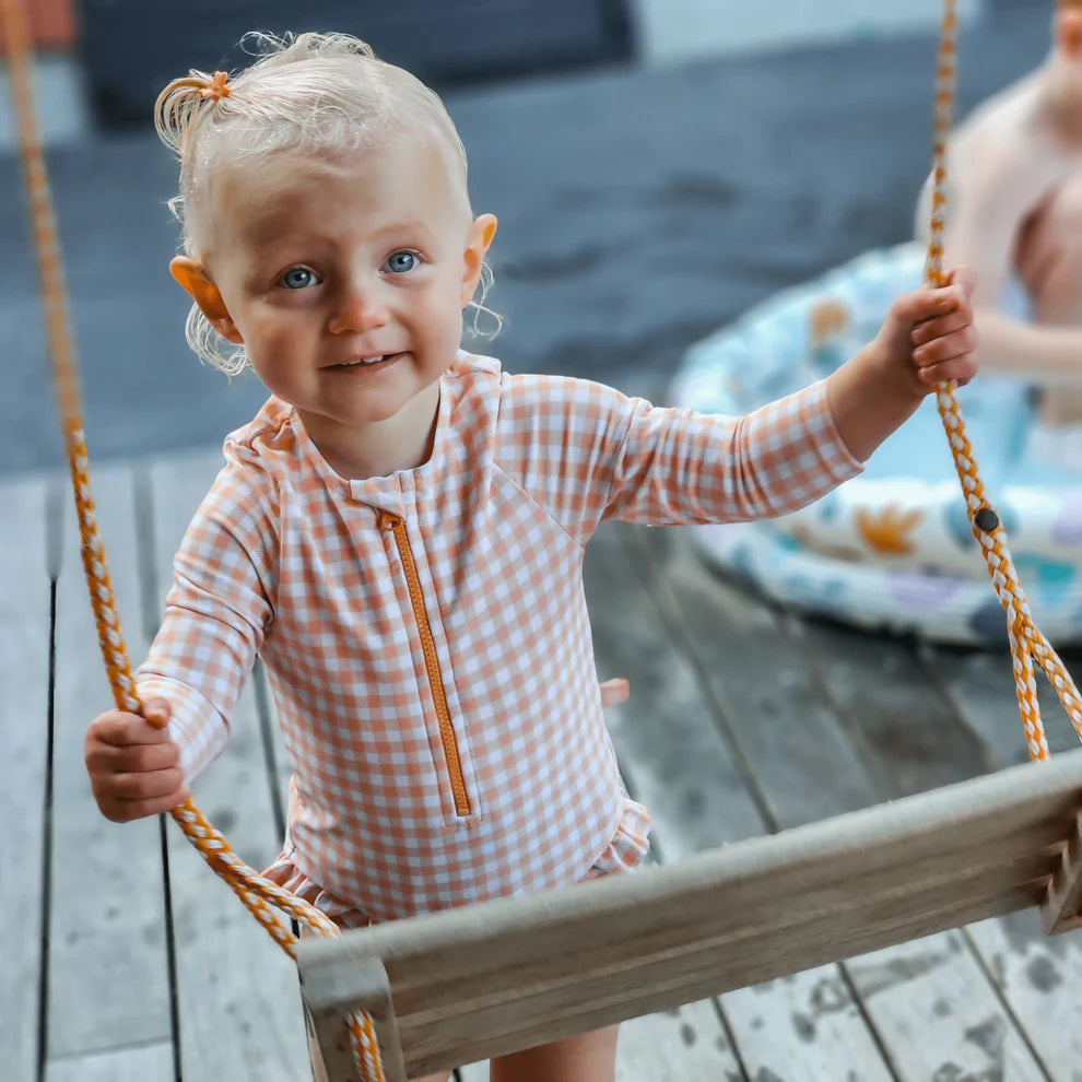 UV Swimsuit Girls With Sleeves - Orange/White - Sunset Grid
